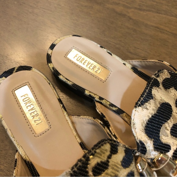 NEW FOREVER21 Leopard Cheetah Animal Print Shimmer Gold Metal Slip On Flat Mules - Picture 5 of 8